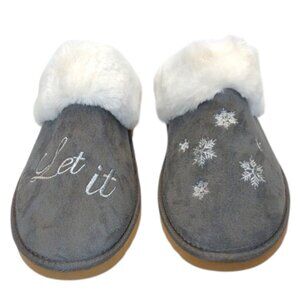 G.H. Bass Gray Fabric White Faux Fur Silver "Let It" Snowflake Scuff Slippers